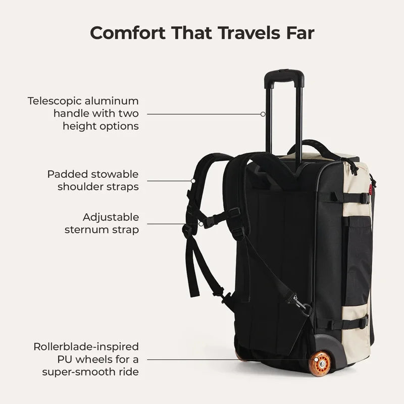 Wheeled Travel Backpack – Large Capacity Carry-On Black travel bag with features highlighted on a white background