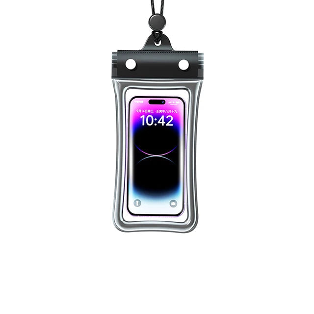 PVC Waterproof Dry Bag Backpack – Kayaking, Swimming & Camping Clear phone pouch with a smartphone displaying the time on a white background