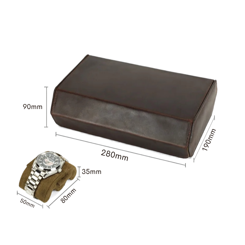 8-Slot Genuine Leather Watch Box – Vintage Watch Storage Organizer A dark brown rectangular watch display box shown on a white background with dimension labels (280mm length, 190mm width, 90mm height) and a small inset of a watch displayed inside the box.