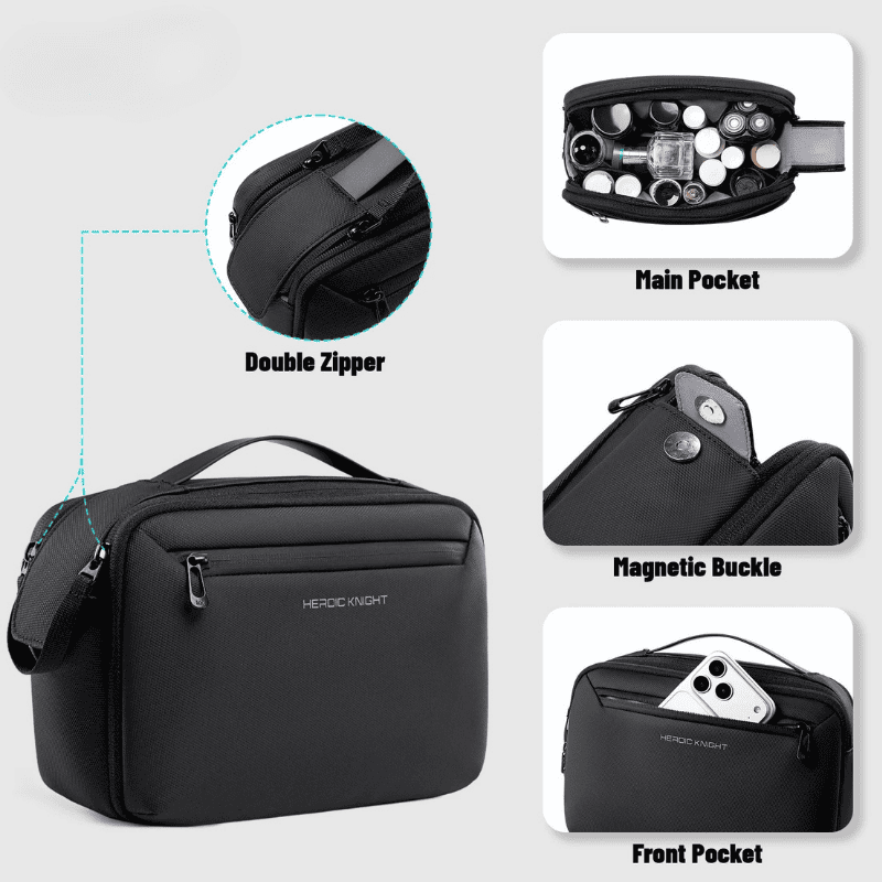 Waterproof Travel Toiletry Bag – Portable Wash Bag & Cosmetic Organizer Black HeroKnight camera bag with a top handle, front zip pocket, and shoulder strap, shown on a light gray background with feature callouts including a double zipper close-up, open main pocket with accessories, magnetic buckle detail, and front pocket phone insert.