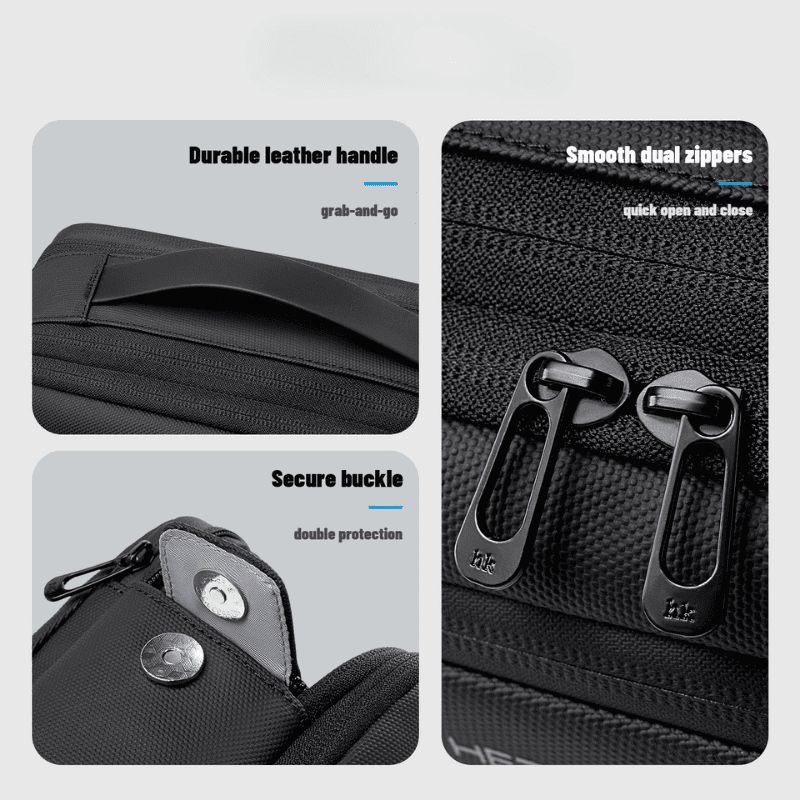 Waterproof Travel Toiletry Bag – Portable Wash Bag & Cosmetic Organizer Black nylon and leather bag shown in a feature-focused collage with text callouts: durable leather handle, smooth dual zippers, and secure buckle.