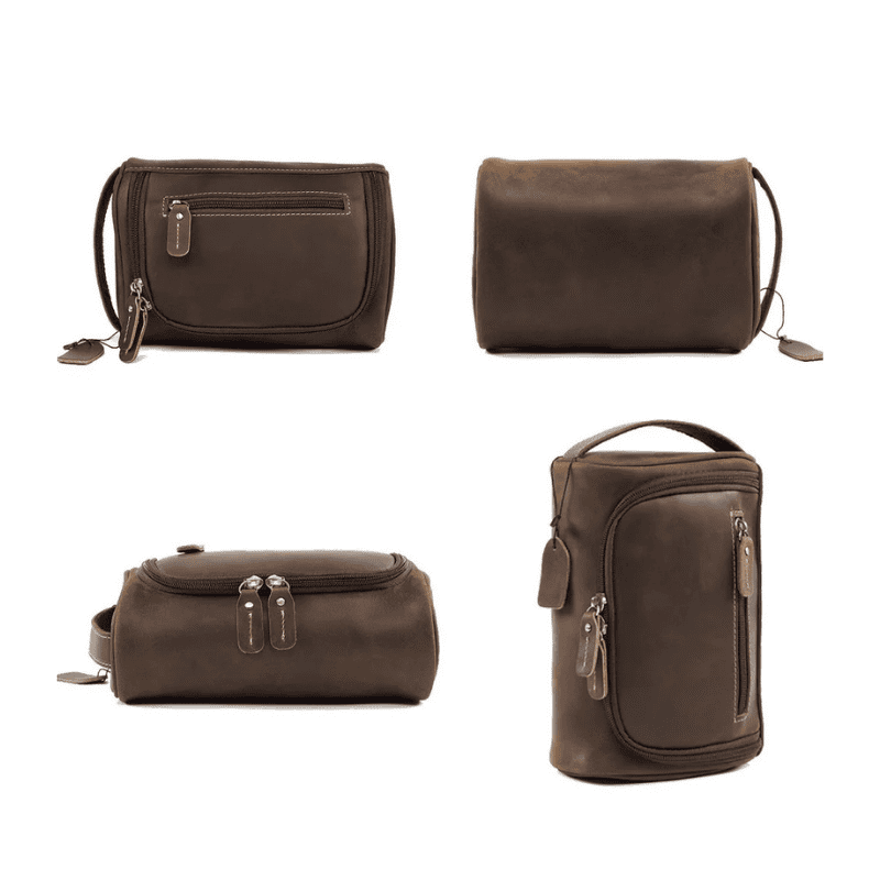 Top-Grain Leather Toiletry Bag for Men – Vintage Travel Organizer Pouch A dark brown leather travel pouch shown from four angles on a white background, featuring a top zipper, front zip pocket, and a small leather tag.