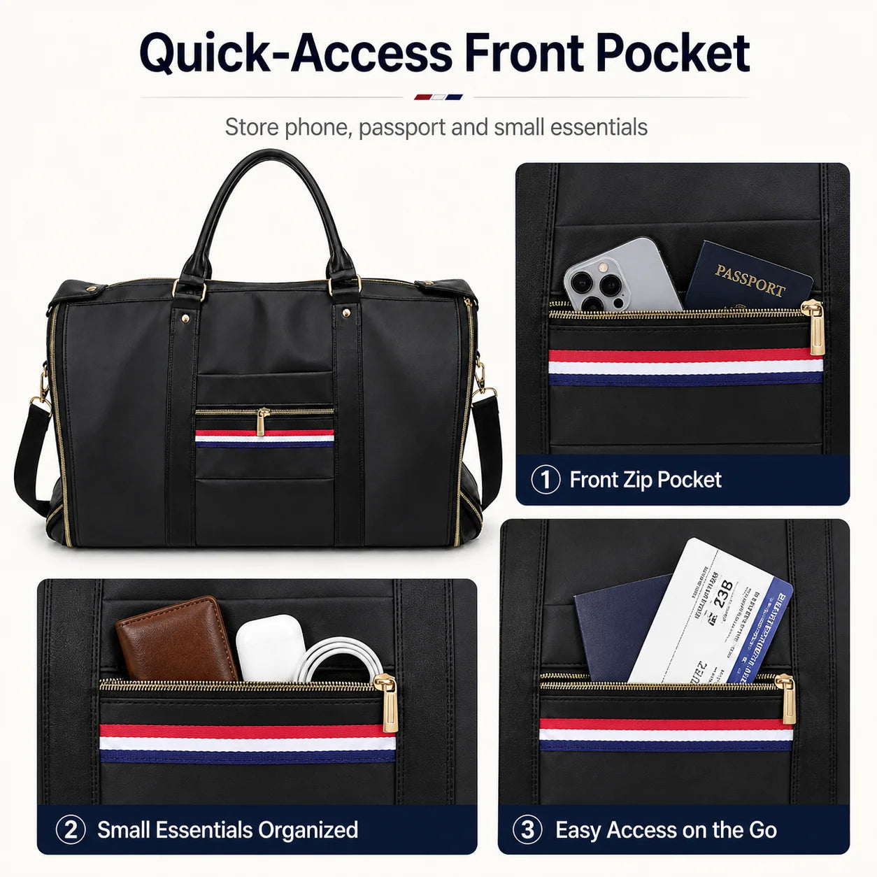 Premium Garment Duffel Bag with Shoe Compartment Black quick-access front pocket duffel bag with gold-tone hardware and a red, white, and blue stripe detail on the front pocket. The image includes three inset detail panels labeled for front zip pocket, small essentials organized, and easy access on the go, all on a white background with headline text.
