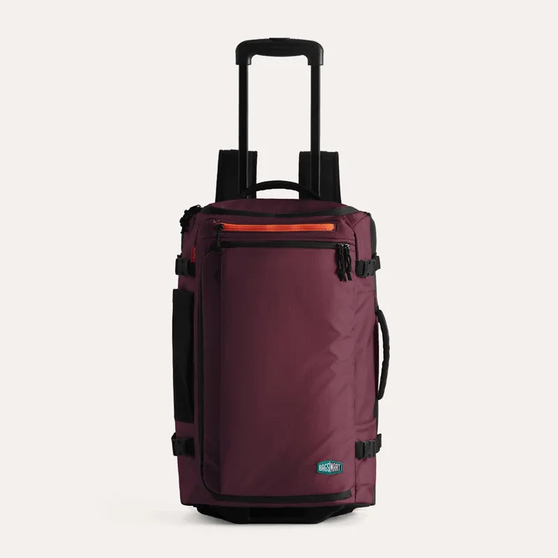 Wheeled Travel Backpack – Large Capacity Carry-On Purple rolling suitcase with black handle and straps on a light gray background