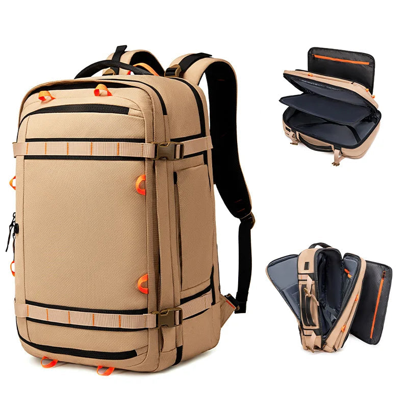 Expandable Travel Backpack – Large Capacity Laptop & Carry-On Bag A tan and black tactical-style backpack shown on a white background, with two smaller inset views on the right showing the backpack open to reveal its interior compartments. The brand logo 'FENRUIEN' appears in the top-left corner.