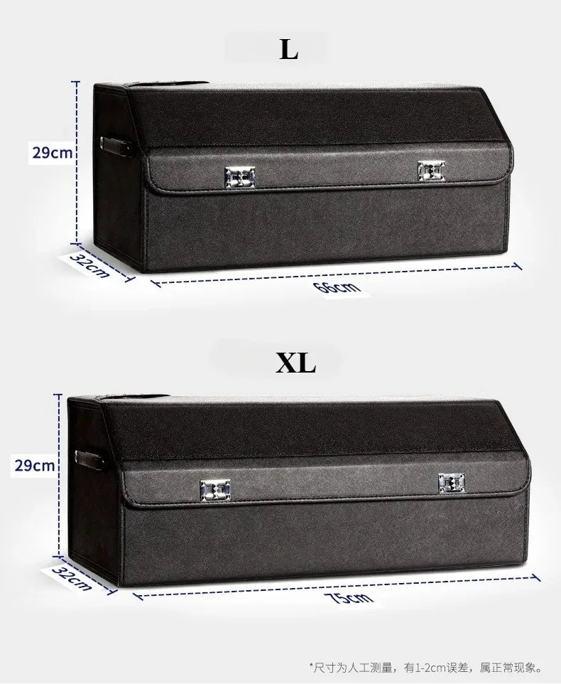 Leather Car Trunk Organizer – Large Capacity Foldable Storage Box Size comparison diagram showing two black storage boxes labeled L and XL with dimension measurements in centimeters on a light gray background.