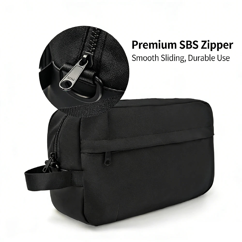 Travel Shoe Pouch – Portable Shoe Organizer for Gym & Sports A black rectangular toiletry or travel pouch with a top zipper, shown on a white background with a circular inset highlighting the zipper pull and text reading 'Premium SBS Zipper' and 'Smooth Sliding, Durable Use'.