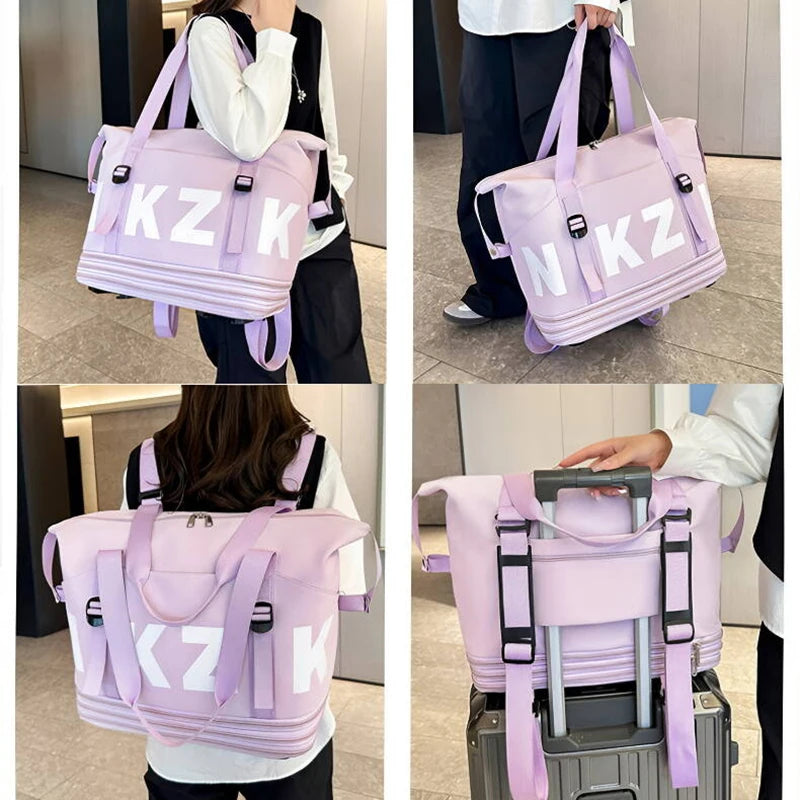 Large Capacity Foldable Travel Bag with Wheels Collage of a pink duffel bag with 'KZK' branding held by a person in various settings.