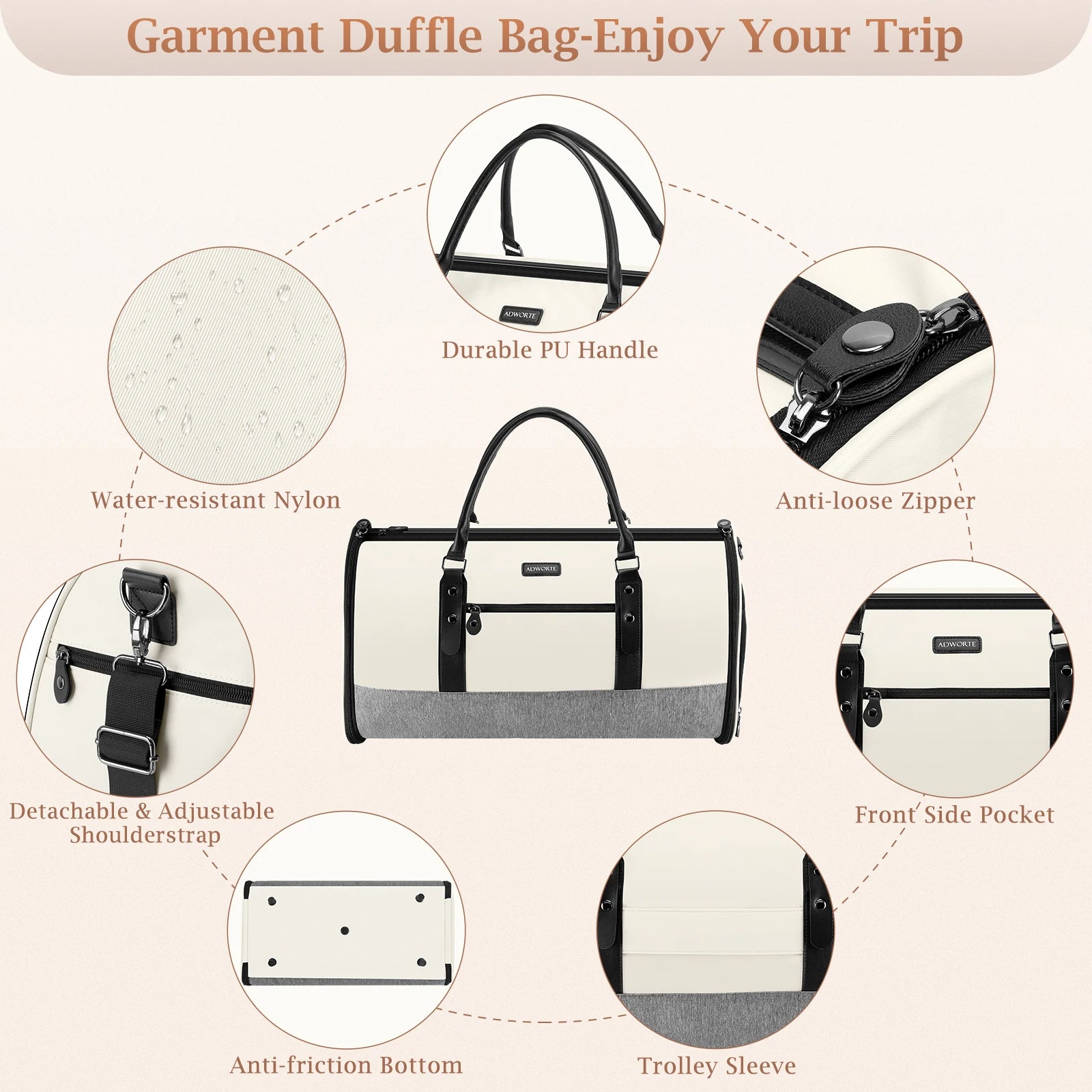 Convertible Garment Duffel Bag with Shoe & Toiletry Compartments Garment duffle bag with features highlighted on a white background