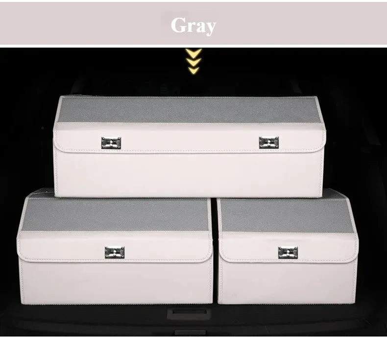 Leather Car Trunk Organizer – Large Capacity Foldable Storage Box Three gray fabric storage boxes stacked in a pyramid arrangement on a black background, with a gray label at the top reading 'Gray'.