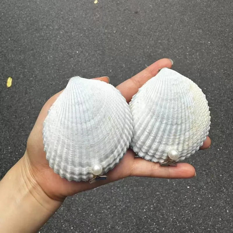 Portable Luxury Ring Box – Aesthetic Wedding Ring & Trinket Storage Case A hand holding two white ribbed clam shells, each adorned with a small white pearl and a silver metal ring, set against a dark gray asphalt background.