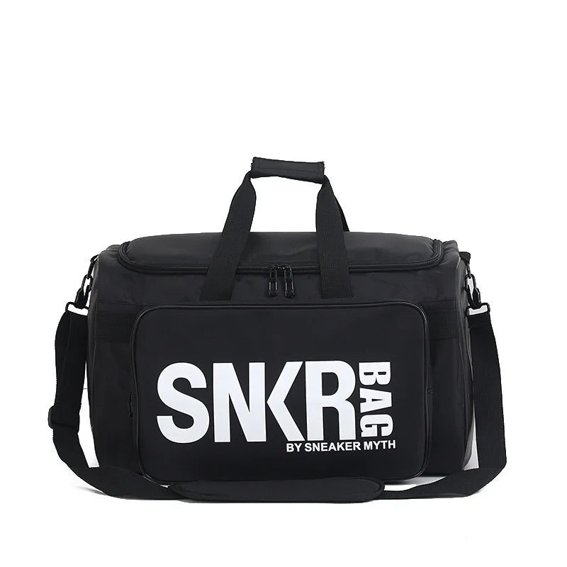 Travel Sneaker Bag – Large Capacity Sports & Gym Organizer Black duffel bag with 'SNKR BAG by Sneaker Myth' text on a white background