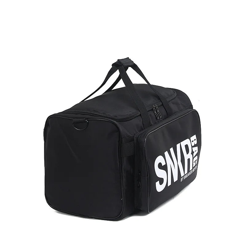 Travel Sneaker Bag – Large Capacity Sports & Gym Organizer A black duffel bag with a large white 'SNWR BAGS' logo printed on the front pocket, shown against a plain white background.