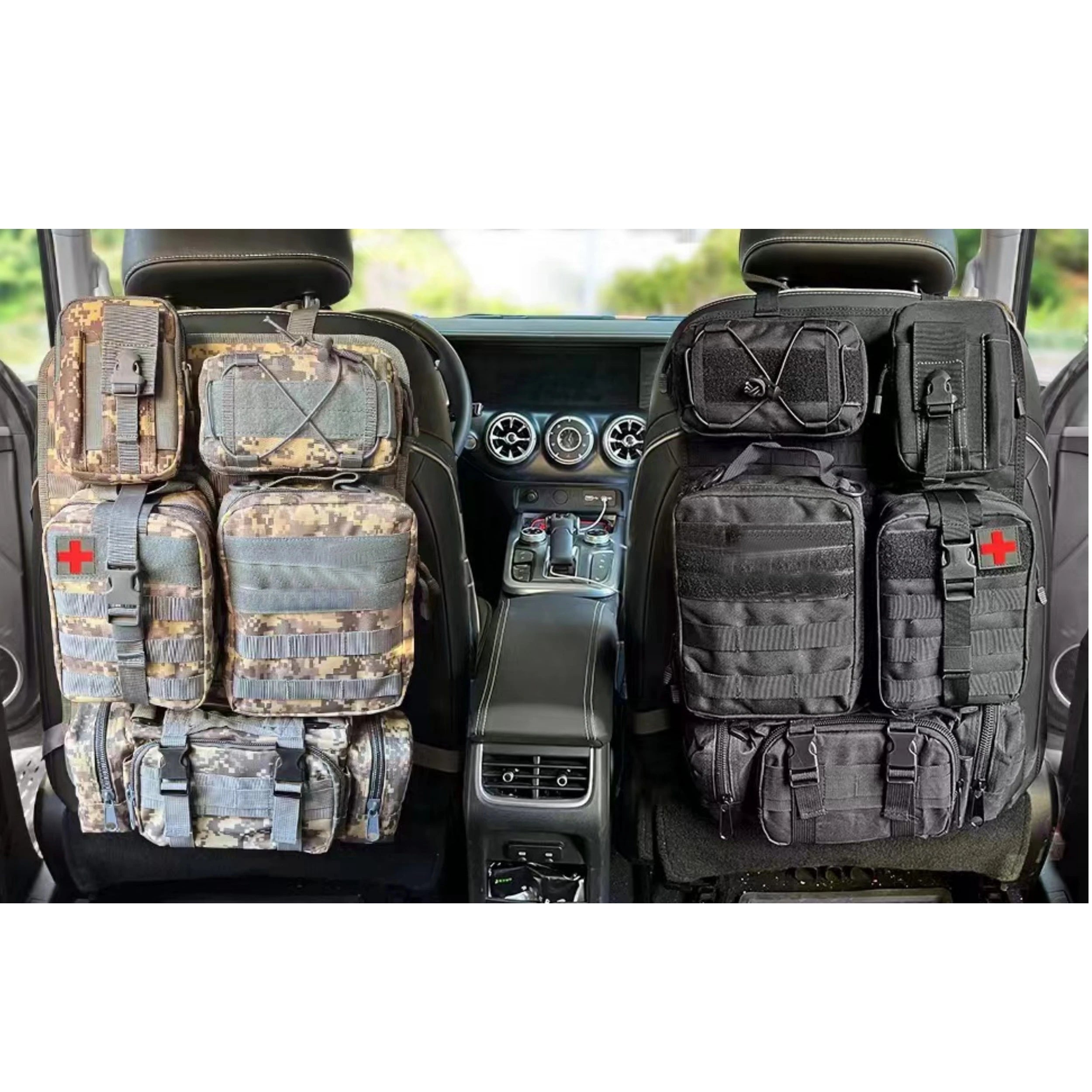 Car Backseat Organizer – Hanging Tactical Storage Bag Car interior with tactical pouches attached to the back of the front seats.