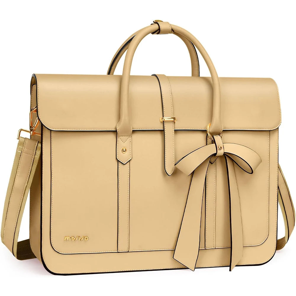 Laptop Bag – Convertible Briefcase, Shoulder & PU Leather Backpack Beige leather bag with a bow on a white background