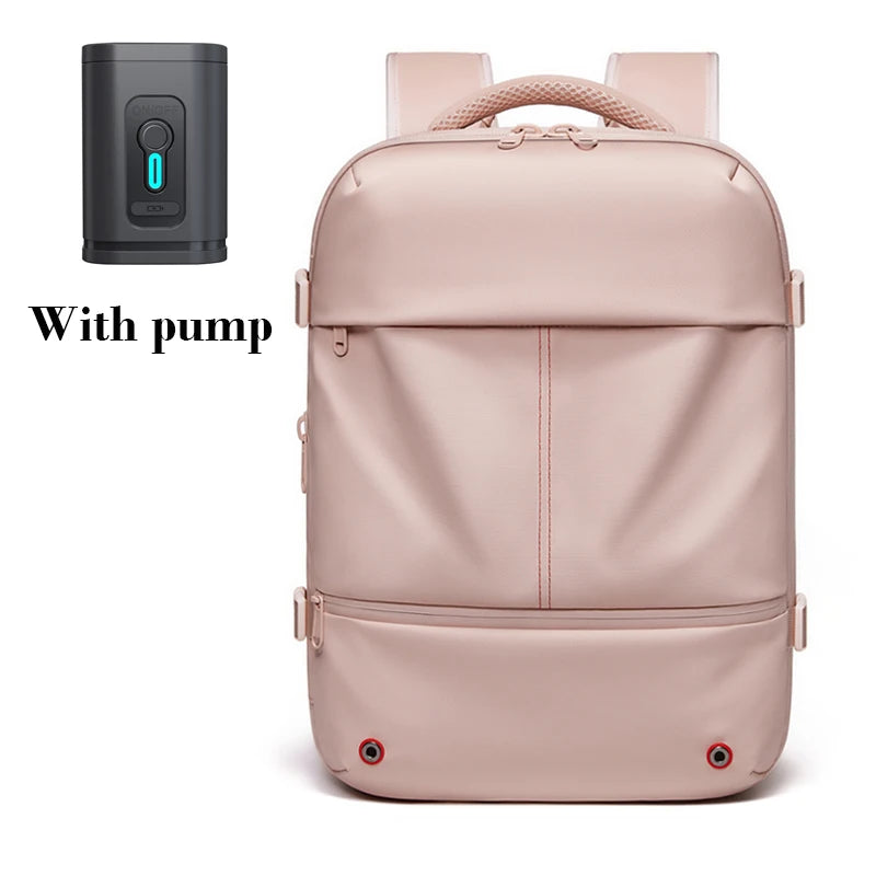 Vacuum Compression Laptop Backpack – USB Charging Travel & Hiking Pink backpack with pump attachment on a white background