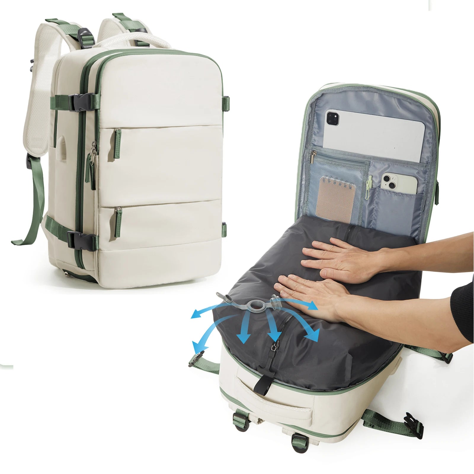 Vacuum Compression Travel Backpack – Waterproof Business Bag Beige backpack with a gray interior compartment being accessed by hands on a white background