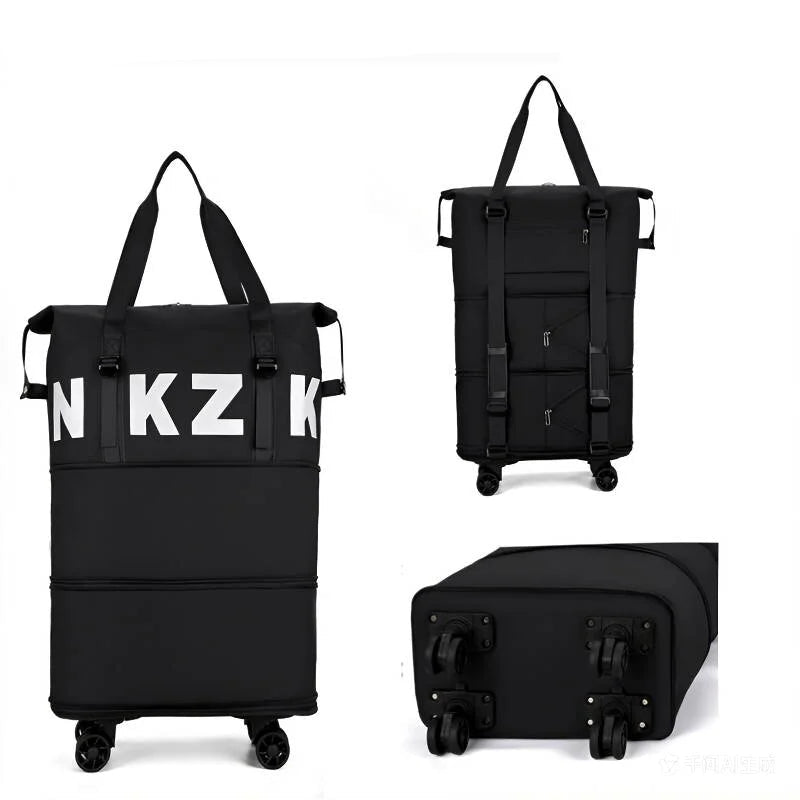 Large Capacity Foldable Travel Bag with Wheels Black expandable two-layer removable shoulder strap wheels luggage bag shown from three angles on a white background, with large white letters 'NKZK' printed on the front.