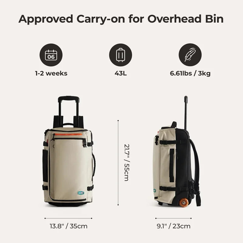 Wheeled Travel Backpack – Large Capacity Carry-On Suitcase with dimensions and weight information on a white background