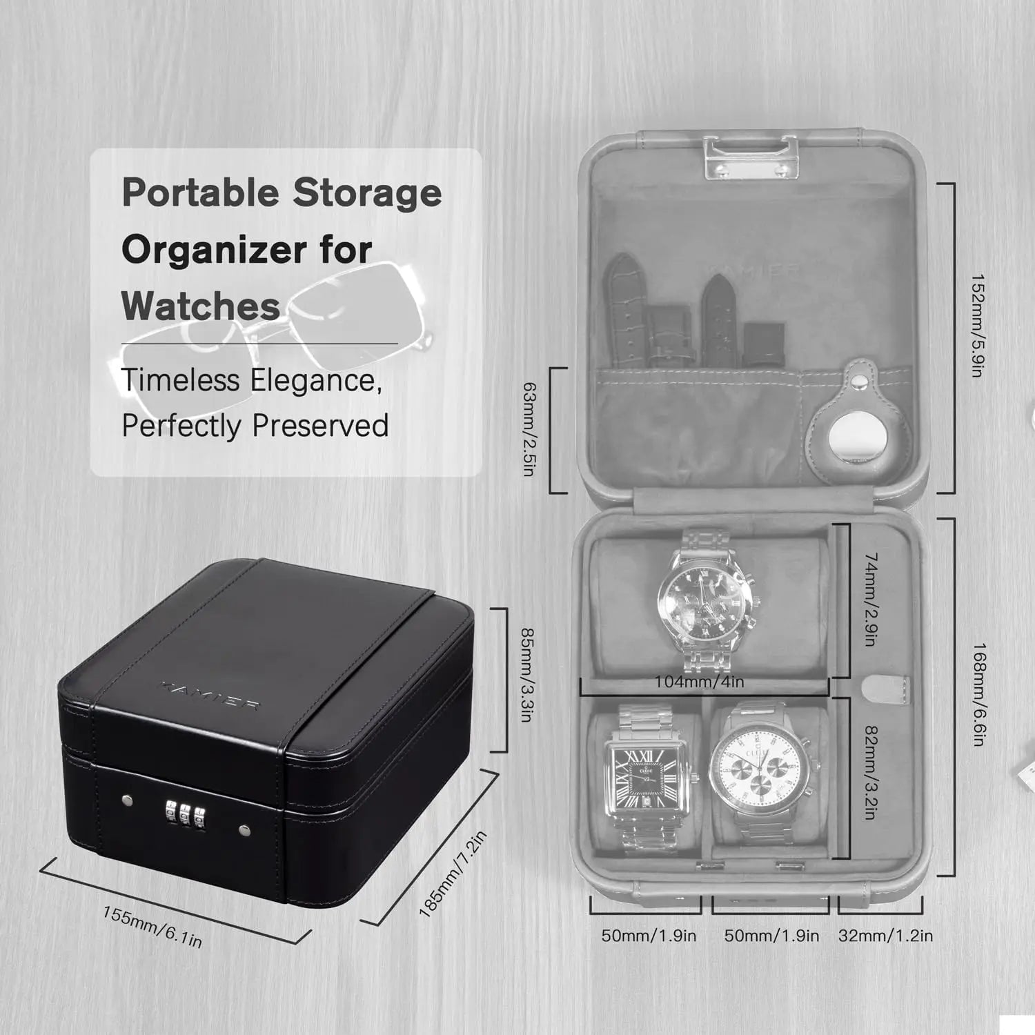 Travel Watch & Jewelry Case with Combination Lock – PU Leather Organizer Black portable storage organizer for watches with dimensions on a wooden surface