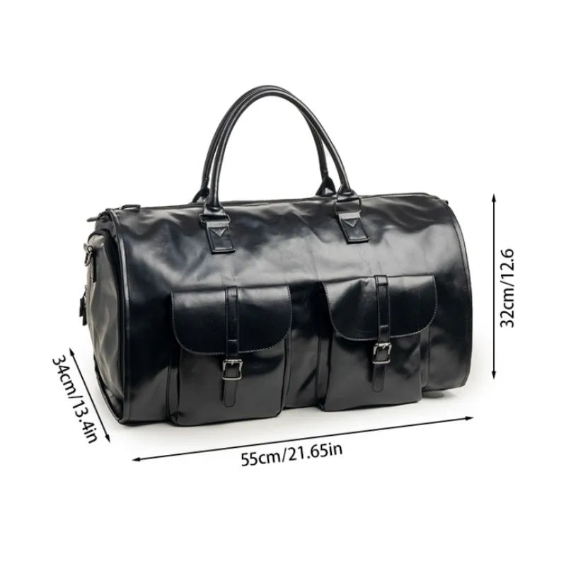 Foldable Travel Duffel Bag – Convertible Overnight & Gym Bag Black leather duffel bag with measurements on a white background