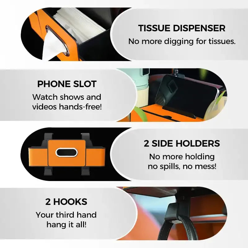 Car Seat Back Organizer – Waterproof Hanging Storage Bag Product features with text labels on a white background