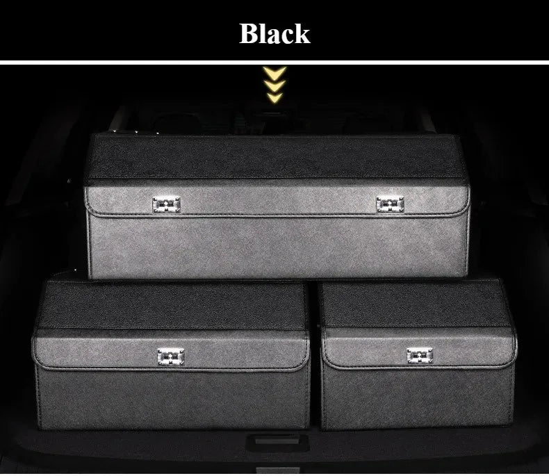 Leather Car Trunk Organizer – Large Capacity Foldable Storage Box Three black fabric car trunk organizer boxes stacked inside a car trunk, with a black header at the top labeled 'Black' and gold arrows pointing down.