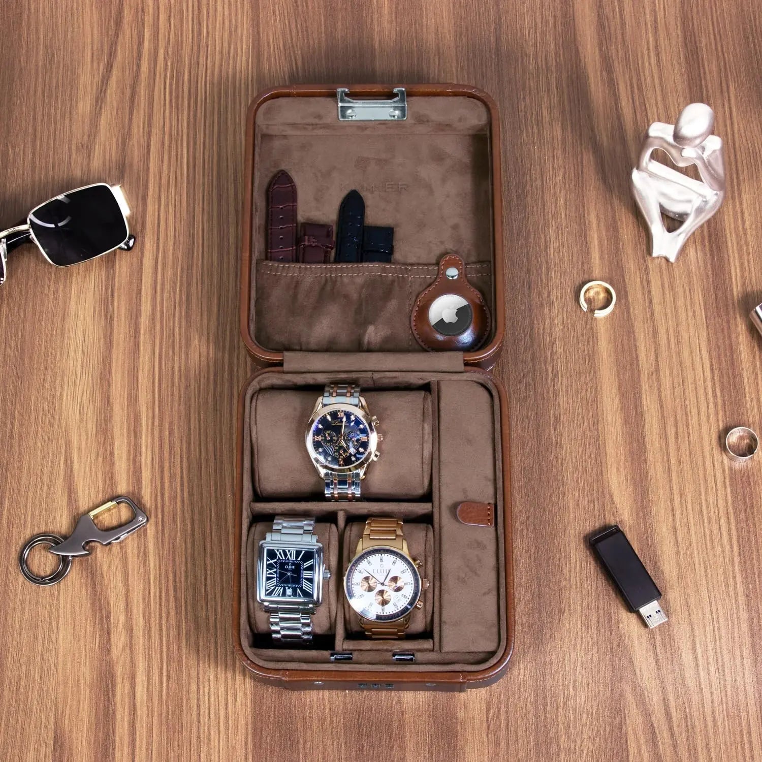 Travel Watch & Jewelry Case with Combination Lock – PU Leather Organizer Brown leather watch case with three watches on a wooden surface.