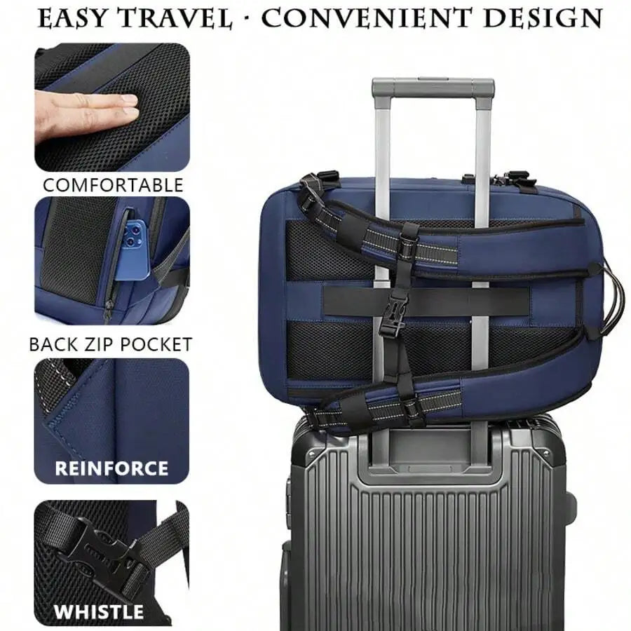 Compressible Travel Backpack – Expandable Outdoor Hiking Backpack A navy blue travel backpack shown on top of a gray rolling suitcase against a white background, with four inset detail callouts highlighting a comfortable padded shoulder area, a back zipper pocket, reinforced stitching, and a whistle feature. Text at the top reads 'EASY TRAVEL • CONVENIENT DESIGN'.