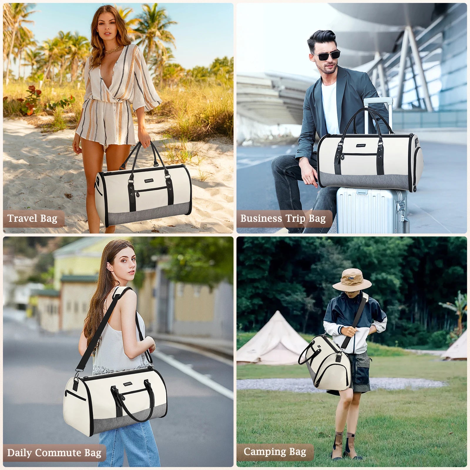 Convertible Garment Duffel Bag with Shoe & Toiletry Compartments Collage of people using different types of bags in various settings.