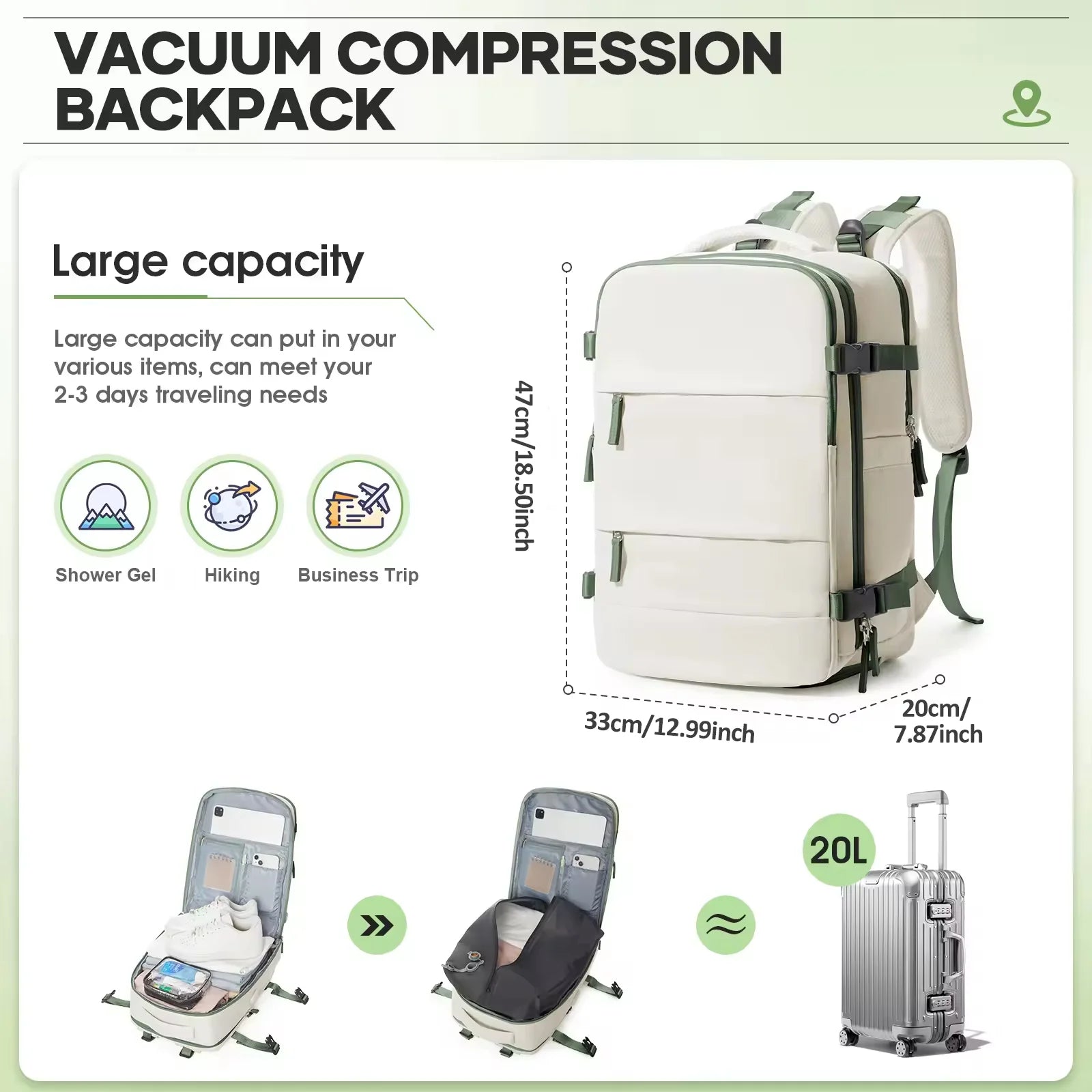 Vacuum Compression Travel Backpack – Waterproof Business Bag Vacuum compression backpack with capacity details and usage examples on a white background