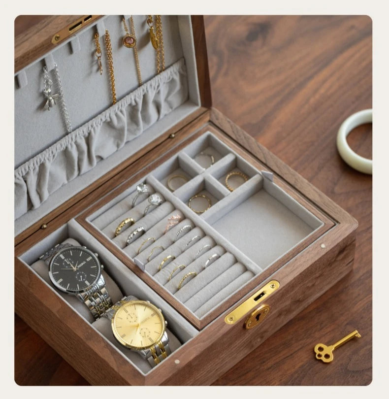 Solid Wood Travel Jewelry Box with Lock – Portable Jewelry Organizer Wooden jewelry box with watches and jewelry on a wooden surface