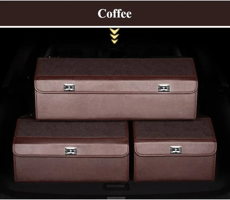 Leather Car Trunk Organizer – Large Capacity Foldable Storage Box Three brown car storage organizer boxes stacked inside a trunk, with a dark brown banner at the top labeled 'Coffee'.