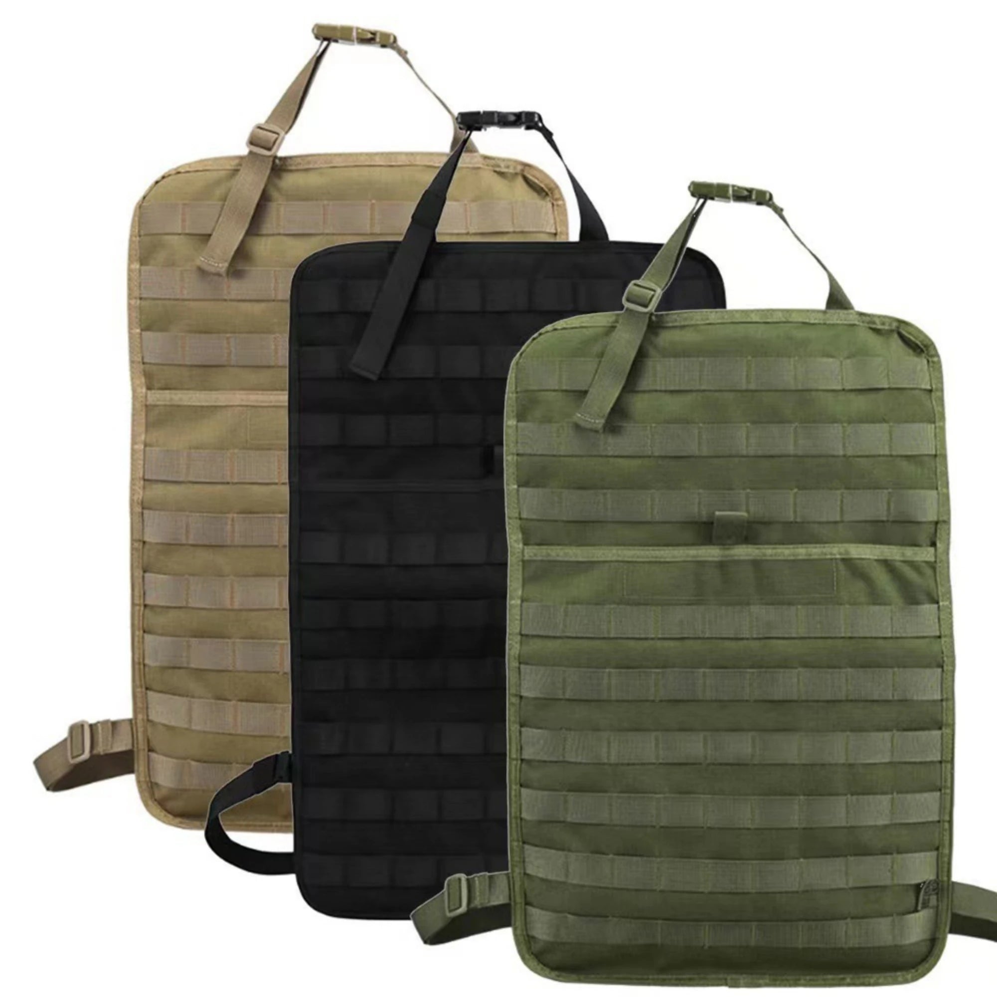 Car Backseat Organizer – Hanging Tactical Storage Bag Three tactical pouches in beige, black, and green on a white background