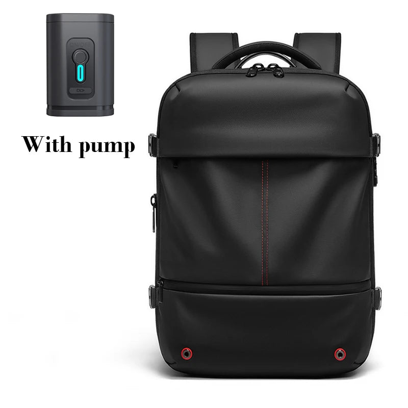 Vacuum Compression Laptop Backpack – USB Charging Travel & Hiking Black backpack with pump attachment on a white background