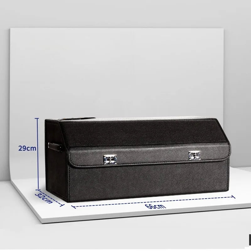 Leather Car Trunk Organizer – Large Capacity Foldable Storage Box A dark gray fabric storage box with silver metal clasps, shown on a white display board with blue dimension lines indicating measurements of 56cm length, 32cm width, and 29cm height.