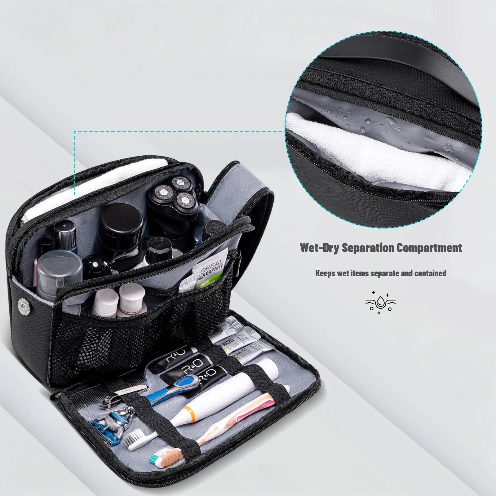 Waterproof Travel Toiletry Bag – Portable Wash Bag & Cosmetic Organizer A black and gray roll-up toiletry bag shown open, filled with personal care items such as bottles, tubes, and toothbrushes. A circular inset highlights a wet-dry separation compartment with white items inside.