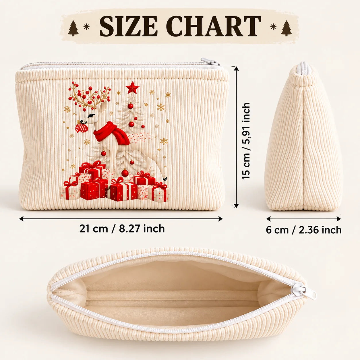 Christmas Corduroy Cosmetic Bag – Santa & Reindeer Travel Pouch Size chart graphic showing a corduroy zip pouch with holiday tree and gift print, labeled dimensions of 21 cm by 15 cm by 6 cm, on a light beige background.