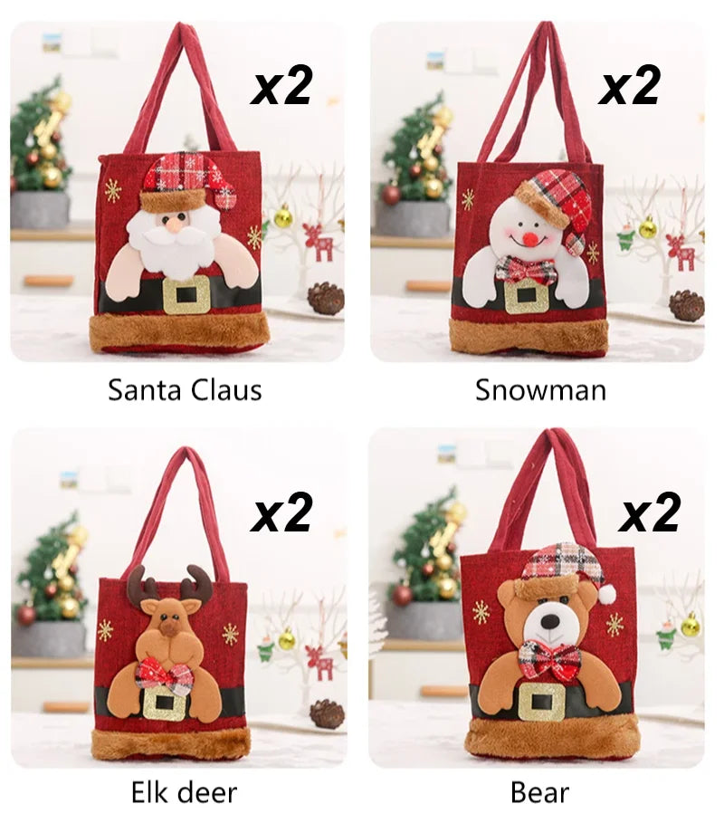 8-Pack Christmas Linen Gift Bags – Santa Candy & Treat Bags Four Christmas-themed fabric tote bags shown in a 2x2 grid, each with a different character design: Santa Claus, Snowman, Elk deer, and Bear. Each bag is red with a plush character face, brown base, and red handles.