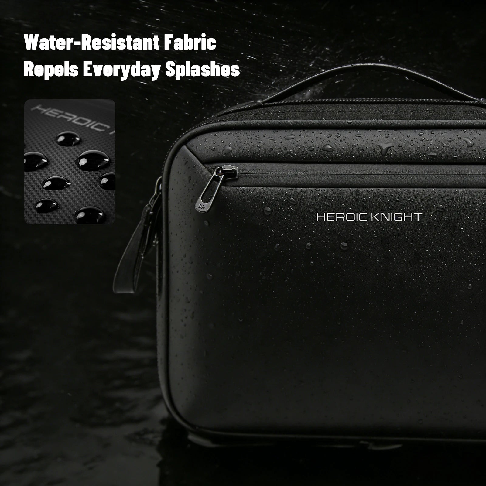 Waterproof Travel Toiletry Bag – Portable Wash Bag & Cosmetic Organizer A black Heroic Knight water-resistant fabric pouch or case shown on a dark reflective surface with water droplets. White text at the top reads 'Water-Resistant Fabric Repels Everyday Splashes,' and a small inset on the left shows water droplets on a textured black surface with the HEROIC logo.