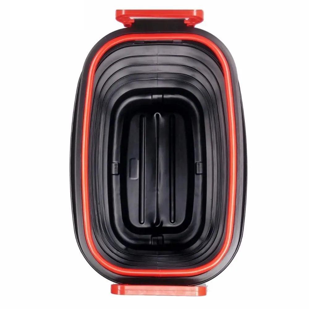 Collapsible Car Storage Bucket – Waterproof Rubbish Bin A black collapsible plastic storage bin with a red inner liner and red latch mechanism, shown from a top-down view on a white background.