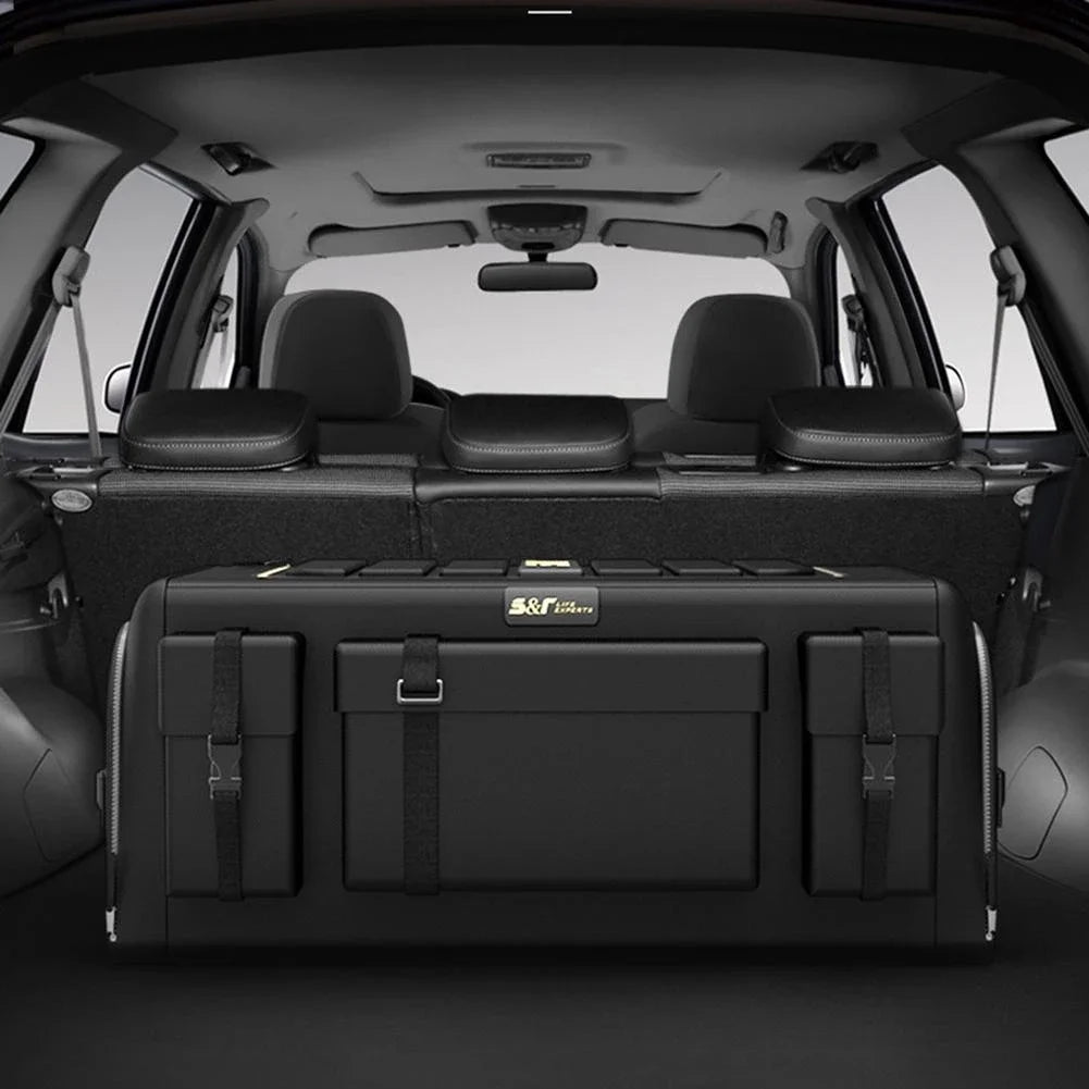 Car Trunk Organizer – Foldable Oxford Cloth Storage Bag Black cargo organizer in the back of a vehicle with 'S&R' branding.