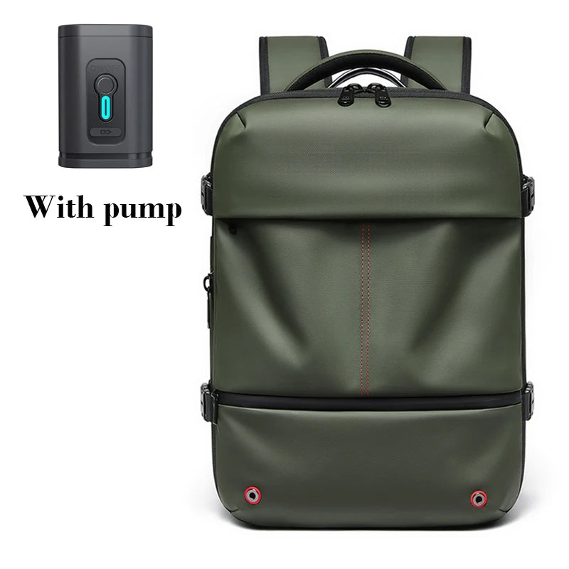Vacuum Compression Laptop Backpack – USB Charging Travel & Hiking Green backpack with pump attachment on a white background