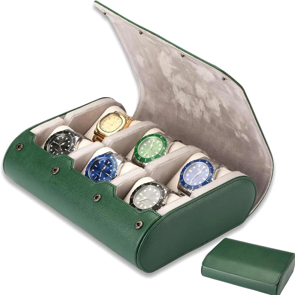 6-Slot Watch Travel Case – Portable Watch Roll & Storage Organizer Green watch case with six watches of various colors on a white background