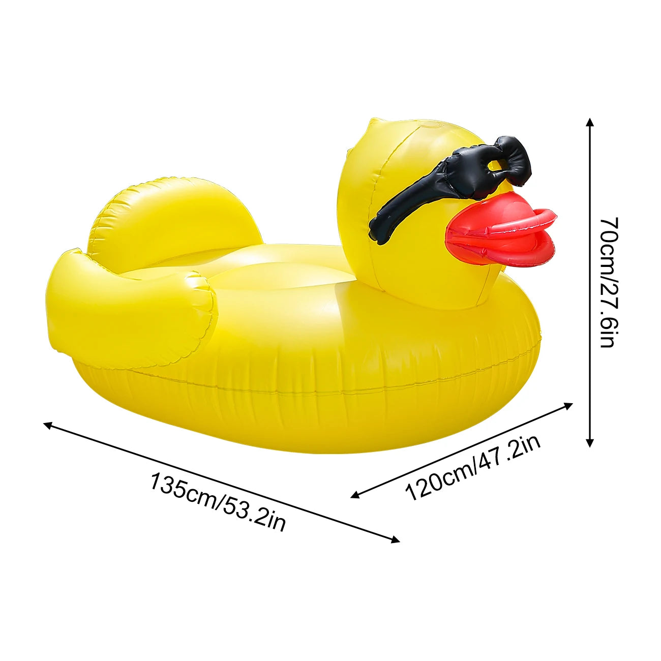 Giant Duck Inflatable Pool Float – Ride-On Lounger for Pool & Beach Inflatable yellow duck pool float with measurements on a white background