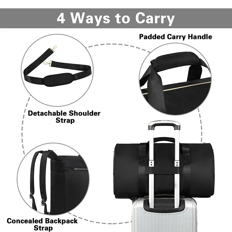 Foldable Travel Duffel Bag – Large Capacity Expandable Luggage Bag A product feature infographic for a black duffel bag, titled '4 Ways to Carry'. It shows a main view of the black duffel bag with a telescoping handle on a silver suitcase, plus three circular callouts highlighting a detachable shoulder strap, a padded carry handle, and a concealed backpack strap.