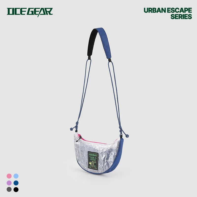 Ultralight Mesh Sling Bag – Waterproof Half Moon Crossbody Bag Clear crossbody bag with blue straps and a visible brand logo on a light gray background