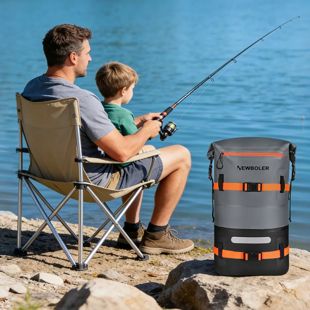 PVC Waterproof Dry Bag Backpack – Kayaking, Swimming & Camping Man and child fishing by a lake with a Newboler cooler bag nearby.