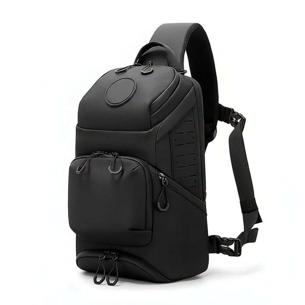 Waterproof Sling Chest Bag – Multi-Pocket Outdoor Crossbody Bag A black BANGE tactical-style backpack with multiple zippered compartments and padded shoulder straps, shown on a clean white background.