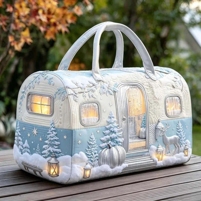 Christmas Quilted Travel Tote Bag – Vintage Camping Car Handbag Christmas Quilted Travel Tote Bag – Vintage Camping Car Handbag